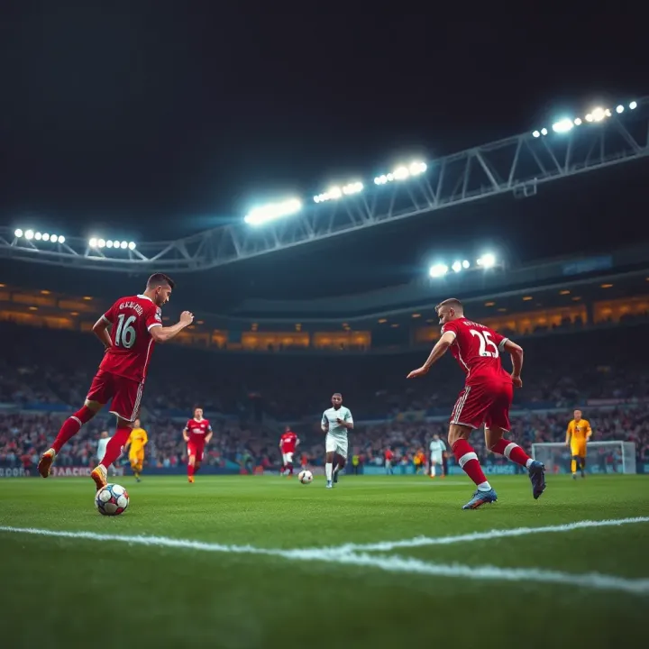 A football pitch with players competing fiercely under stadium lights during a Champions League match