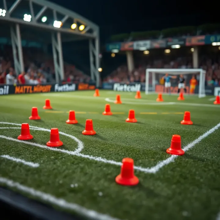 Detailed football pitch with tactical markers and player formations illustrating team analysis