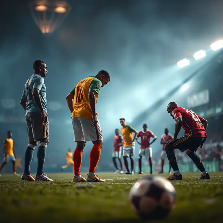 Football players strategizing on the pitch during an intense match