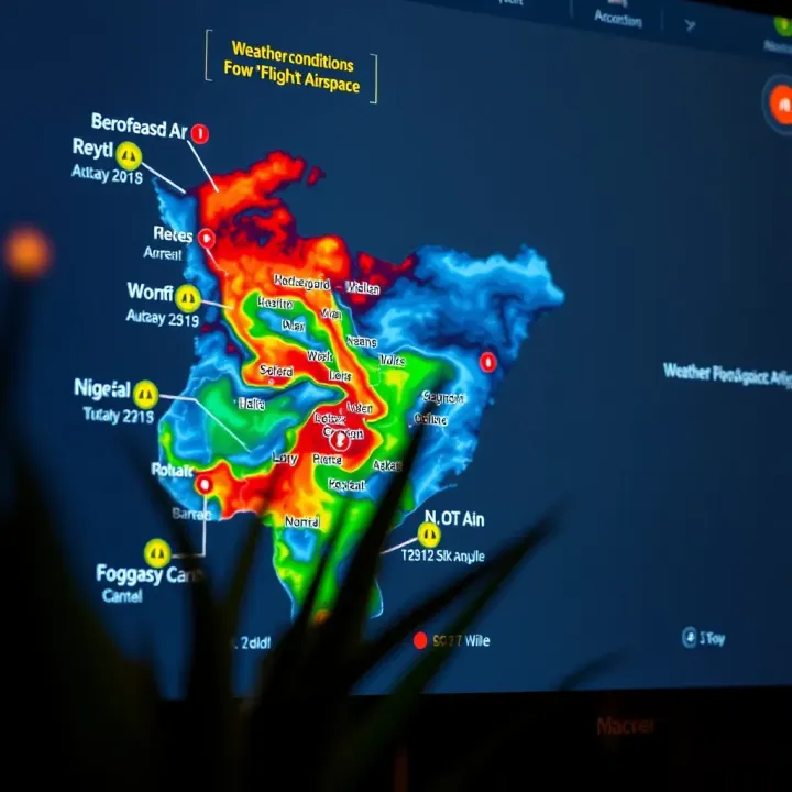 Map highlighting weather conditions across Nigerian airspace for flight planning