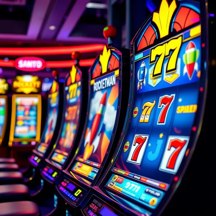 Colorful casino slot machine display with rocket-themed symbols and bright lights