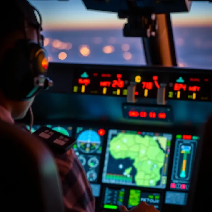 Pilot using advanced flight prediction software on a cockpit screen showing weather patterns