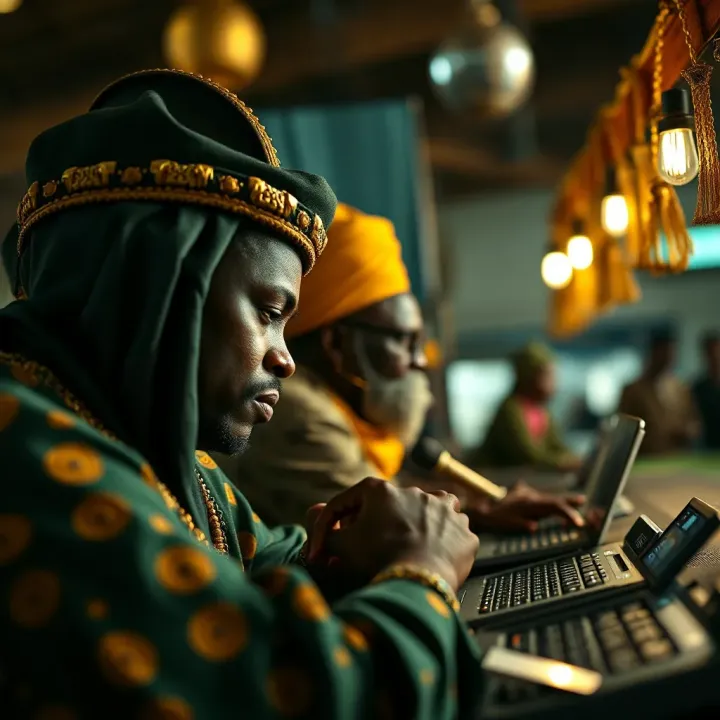 Cultural elements intertwined with digital finance icons representing Nigerian fintech ecosystem