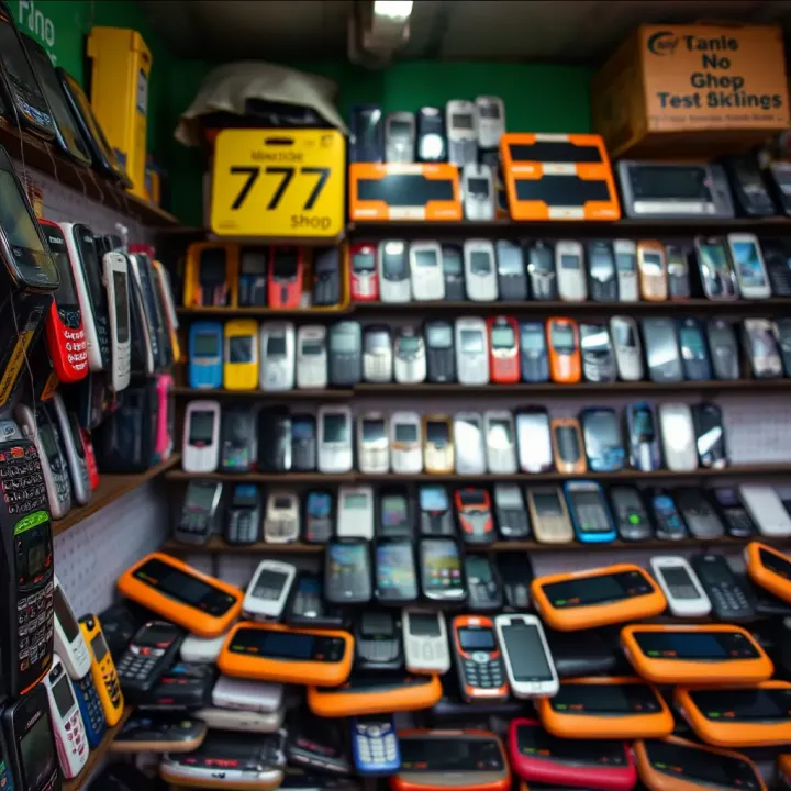 A vibrant Nigerian mobile phone market stall displaying a variety of used and refurbished phones on shelves