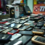 Close-up view of diverse second-hand mobile phones arranged for sale, highlighting the range of models and conditions available