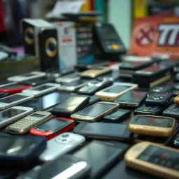 Close-up view of diverse second-hand mobile phones arranged for sale, highlighting the range of models and conditions available