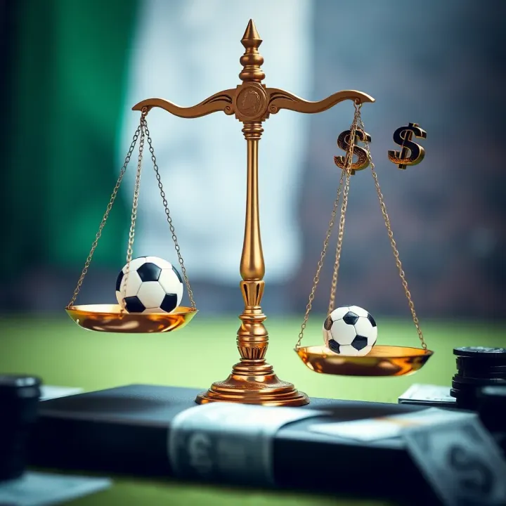 Conceptual graphic illustrating legal scales balancing football betting icons and currency symbols