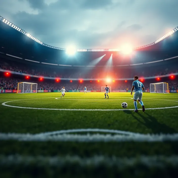 Football field with digital score predictions displayed over the pitch