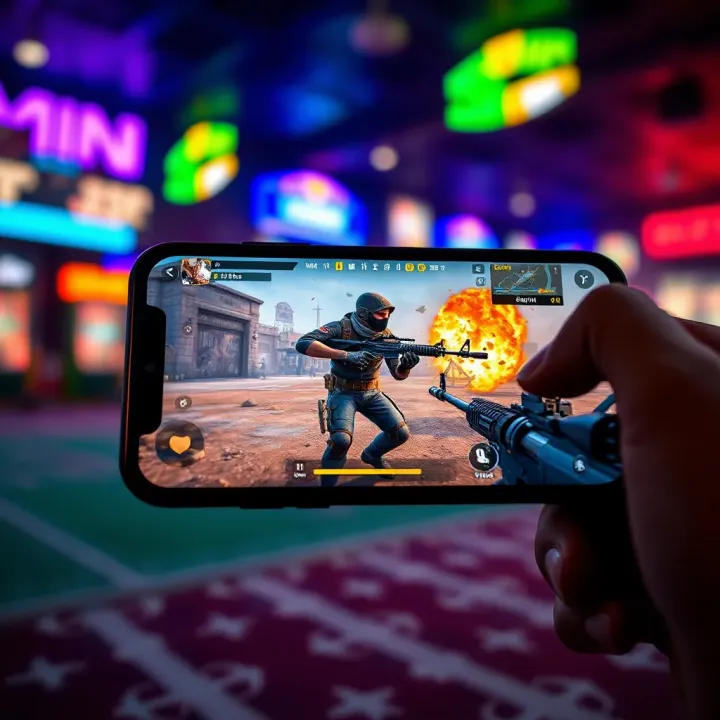 Mini Militia Game Interface on Mobile Device Mobile device screen showing Mini Militia game interface with vibrant combat graphics