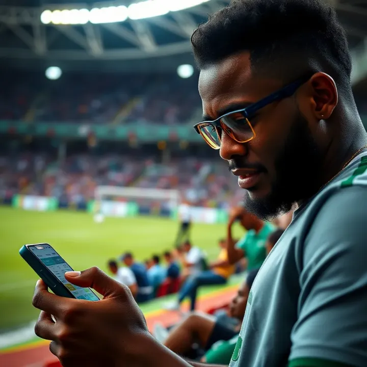 Nigerian Football Fan Engaged in Champions League Betting Nigerian bettor using a smartphone to place bets on a sports betting platform with Champions League information