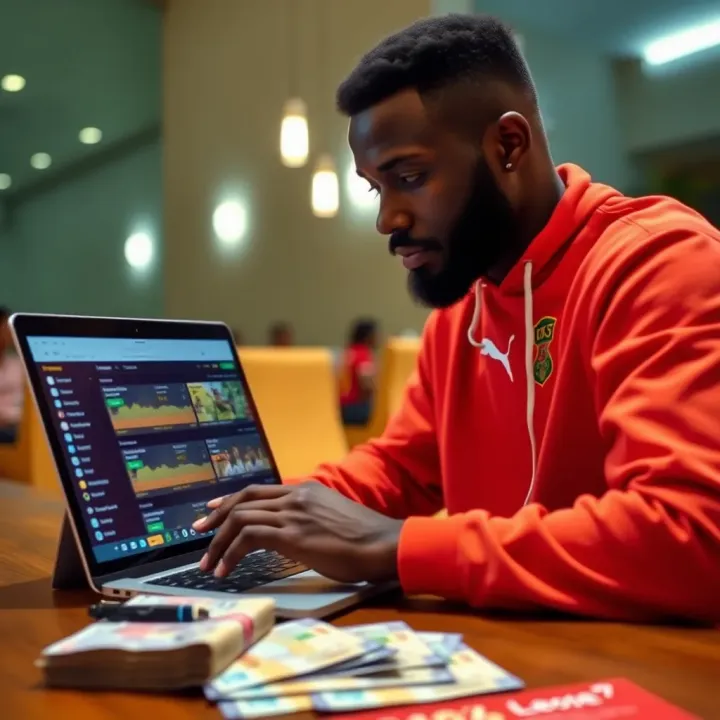 A person reviewing football statistics and betting odds on a laptop with Nigerian currency nearby