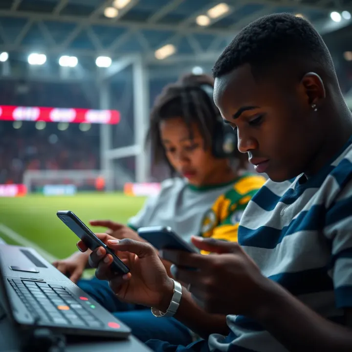 Youth Engagement with Online Sports Betting in Nigeria Nigerian youth using smartphones to engage with online sports betting during a football match