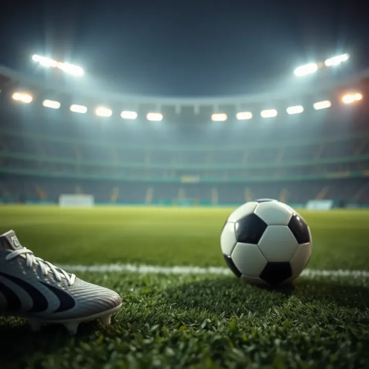 Close-up of football boots on green pitch with a ball ready for kickoff under stadium lights