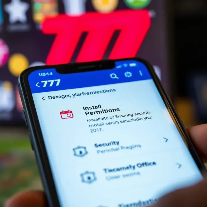 Smartphone displaying installation permissions for the 777 application with security icons