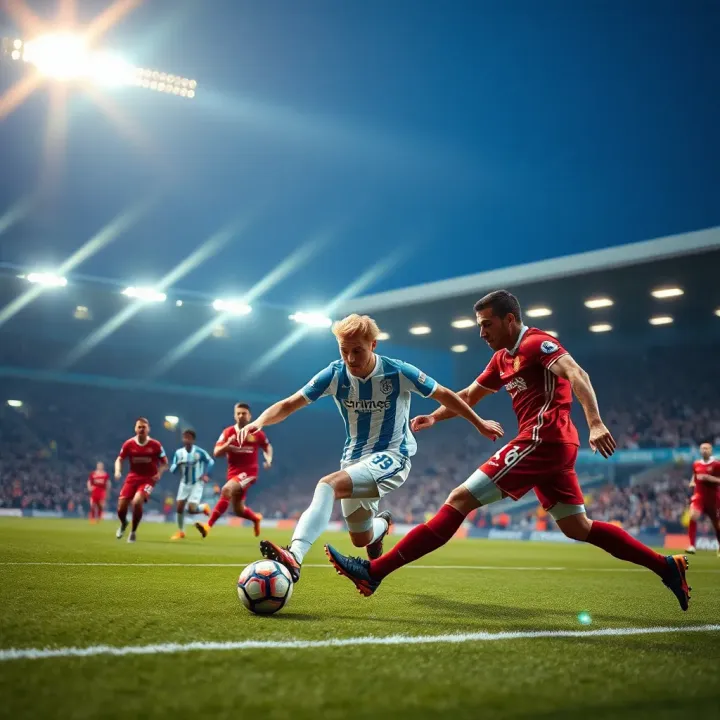 Soccer players competing fiercely during a Premier League match under stadium lights