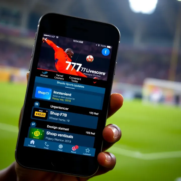 Mobile phone displaying Shop 777 livescore interface with convenient navigation and internet connection symbol