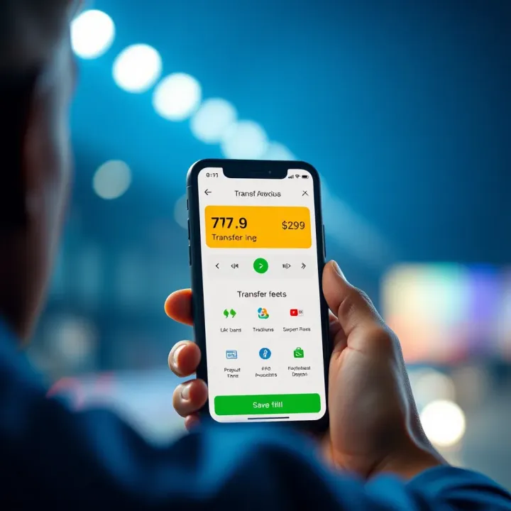Graphic showing a mobile phone displaying a bank app with highlighted transfer fee and alternatives for cheaper transactions