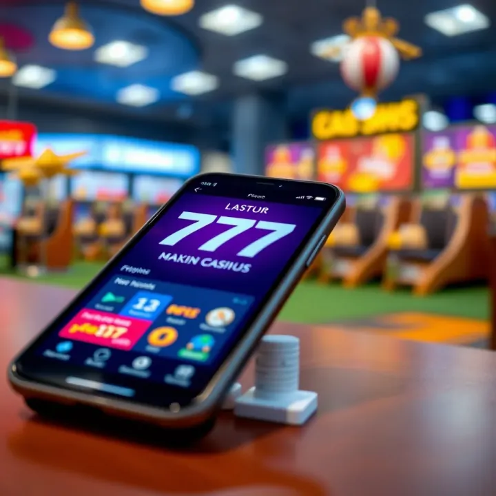 iPhone showing the 777 app interface with colorful lottery numbers and game options
