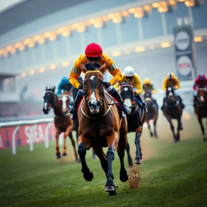 Dynamic horse racing scene with jockeys competing on a vibrant race track