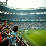 Football stadium filled with fans cheering during a Nigerian Premier League match