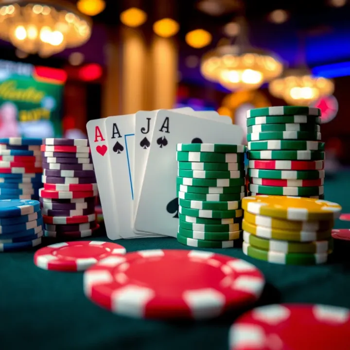 Colorful poker chips and playing cards arranged on a casino table symbolizing 777 Poker gameplay