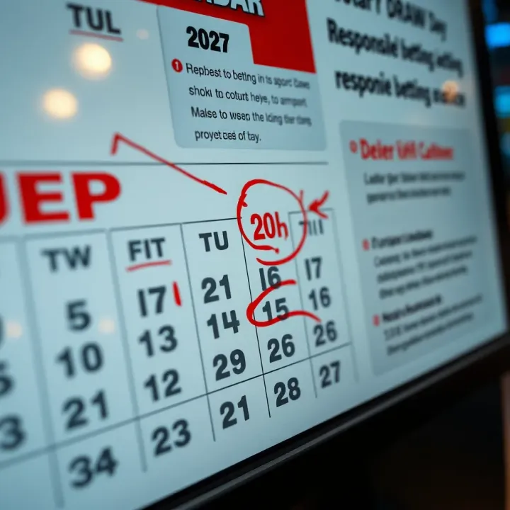 Close-up of a calendar marked with lottery draw days and notes on responsible betting