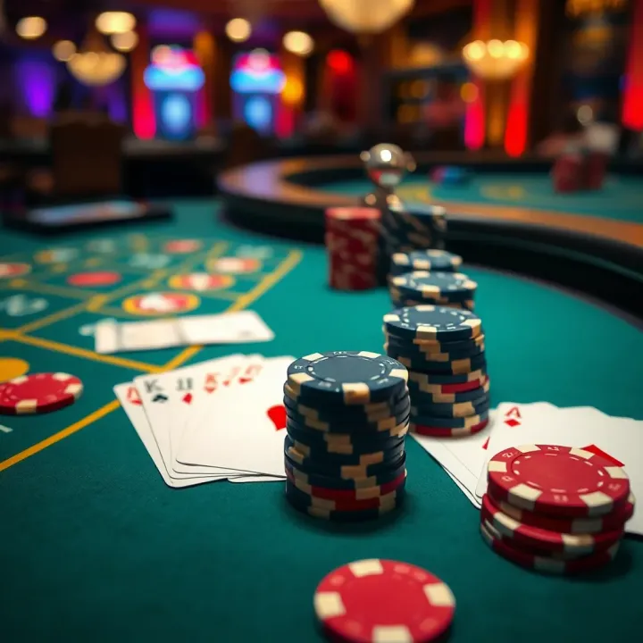 Close-up view of playing cards on a casino table with chips stacked nearby