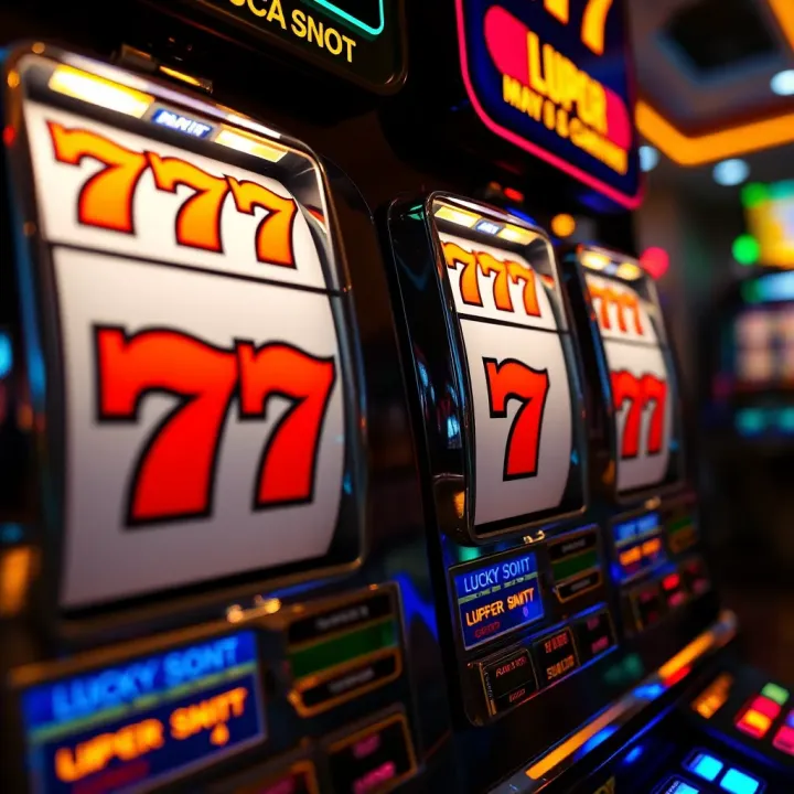 Slot machine with reels showing lucky seven symbols and glowing jackpot lights