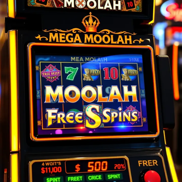 Slot machine screen displaying Mega Moolah game with highlighted free spins feature