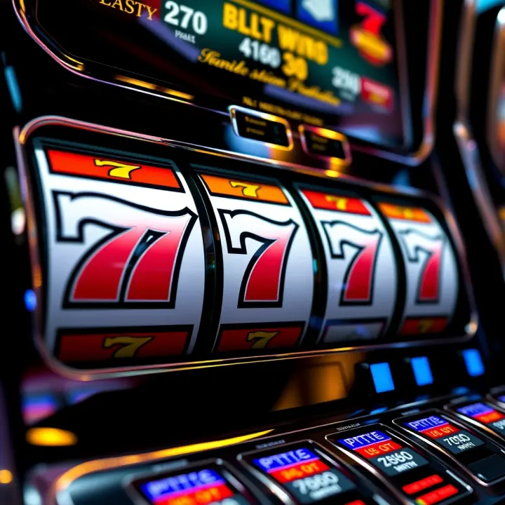 Detailed display of slot machine reels showing the triple seven combination