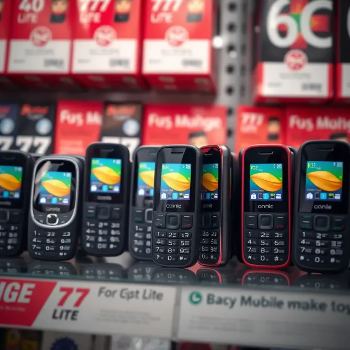 Affordable basic mobile phones displayed on a retail shelf in Nigeria