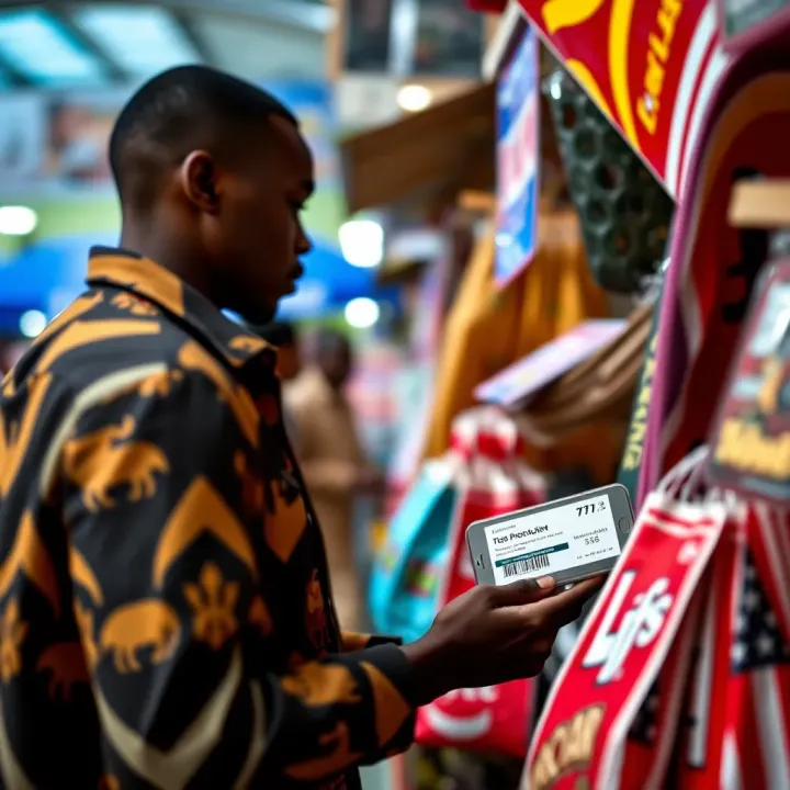 Illustration showing digital discount codes being applied to purchases in a Nigerian market setting