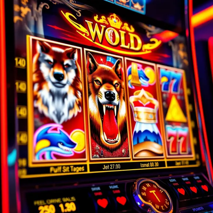 Colorful slot machine reels featuring wolf, gold coin, and desert symbols with vibrant lighting